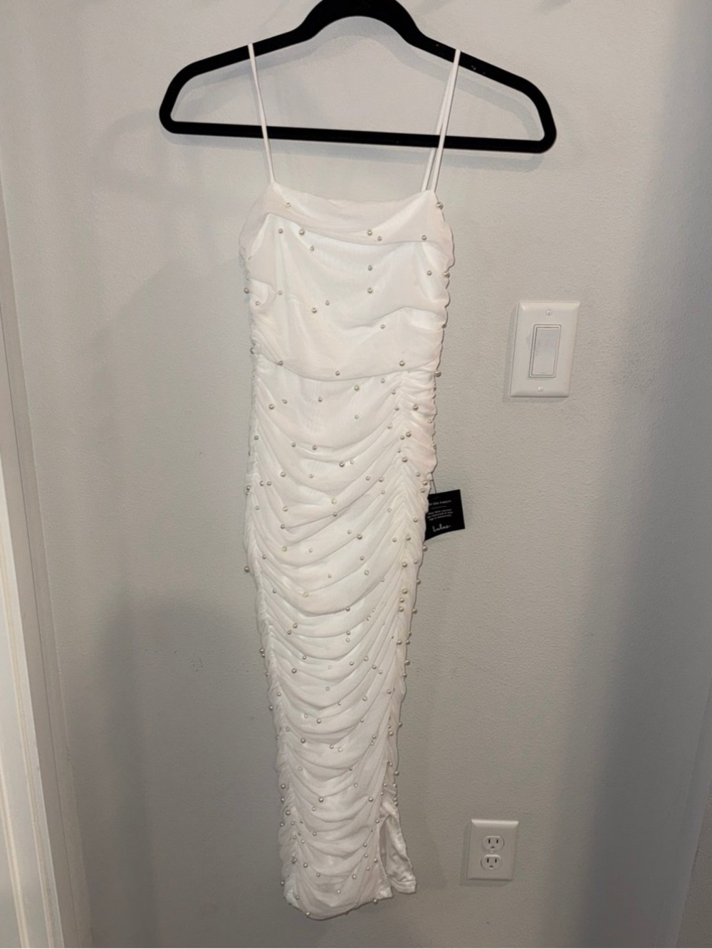 Lulu's White Ruched Midi Slip Dress with Beaded Accents